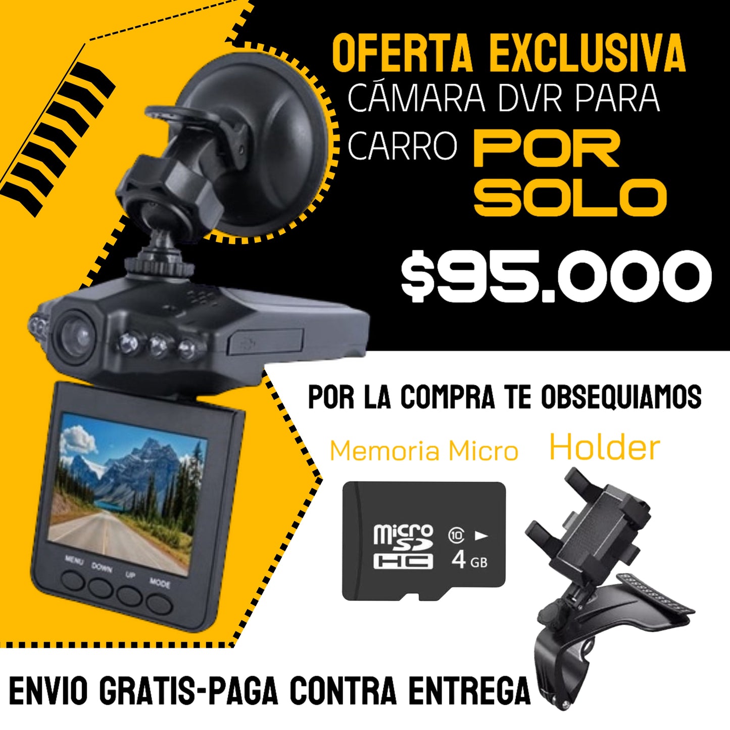 CAMARA DVR PARA CARRO + OBSEQUIO SOPORTE DE CELULAR Y MICRO SD  4GB